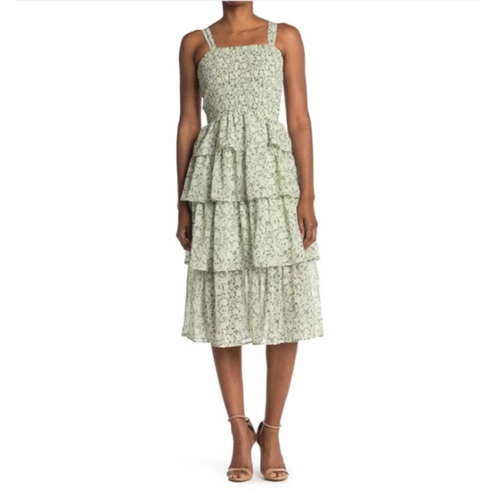 Spirit of Grace Green Floral Smocked Sleeveless Tiered Midi Dress